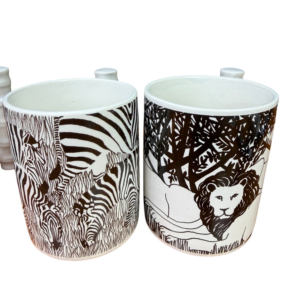 Safari Style Coffee cups, Mugs, Ceramic White Black Bamboo Vintage Japan 4pc MCM